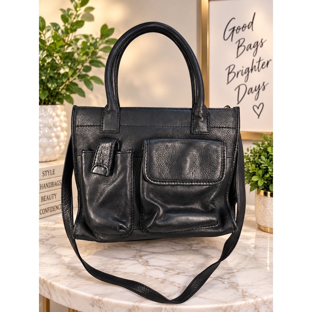 Fossil 75082 Black Leather Satchel Crossbody Bag Utility Pockets Brass Hardware